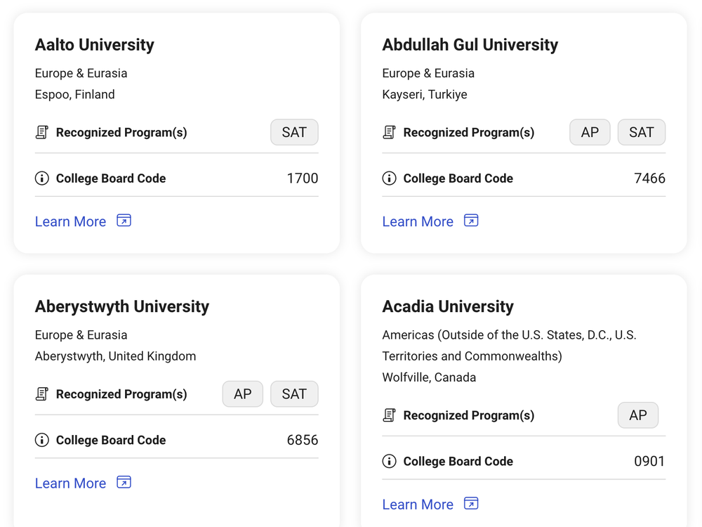 Four result cards showing university name, region, city, recognized programs as AP and SAT tags, College Board code and a Learn More link