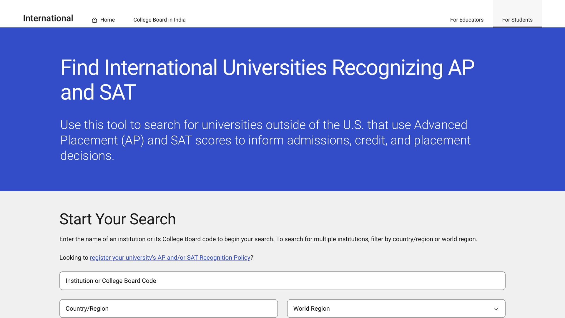 The Find International Universities Recognizing AP and SAT page, with a blue header and the Start Your Search panel