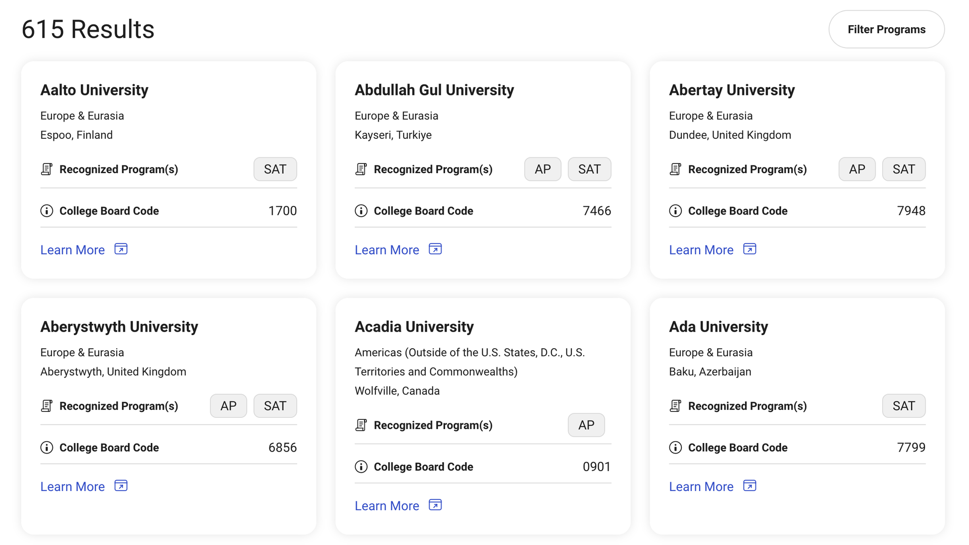 615 results shown as a grid of university cards, with a Filter Programs button