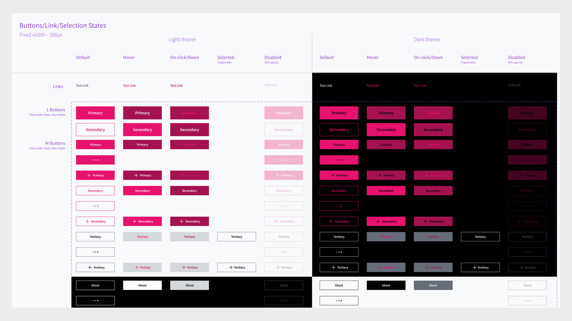 Button and link specs in light and dark themes, showing primary, secondary, tertiary and ghost buttons at large and medium sizes across default, hover, pressed, selected and disabled states