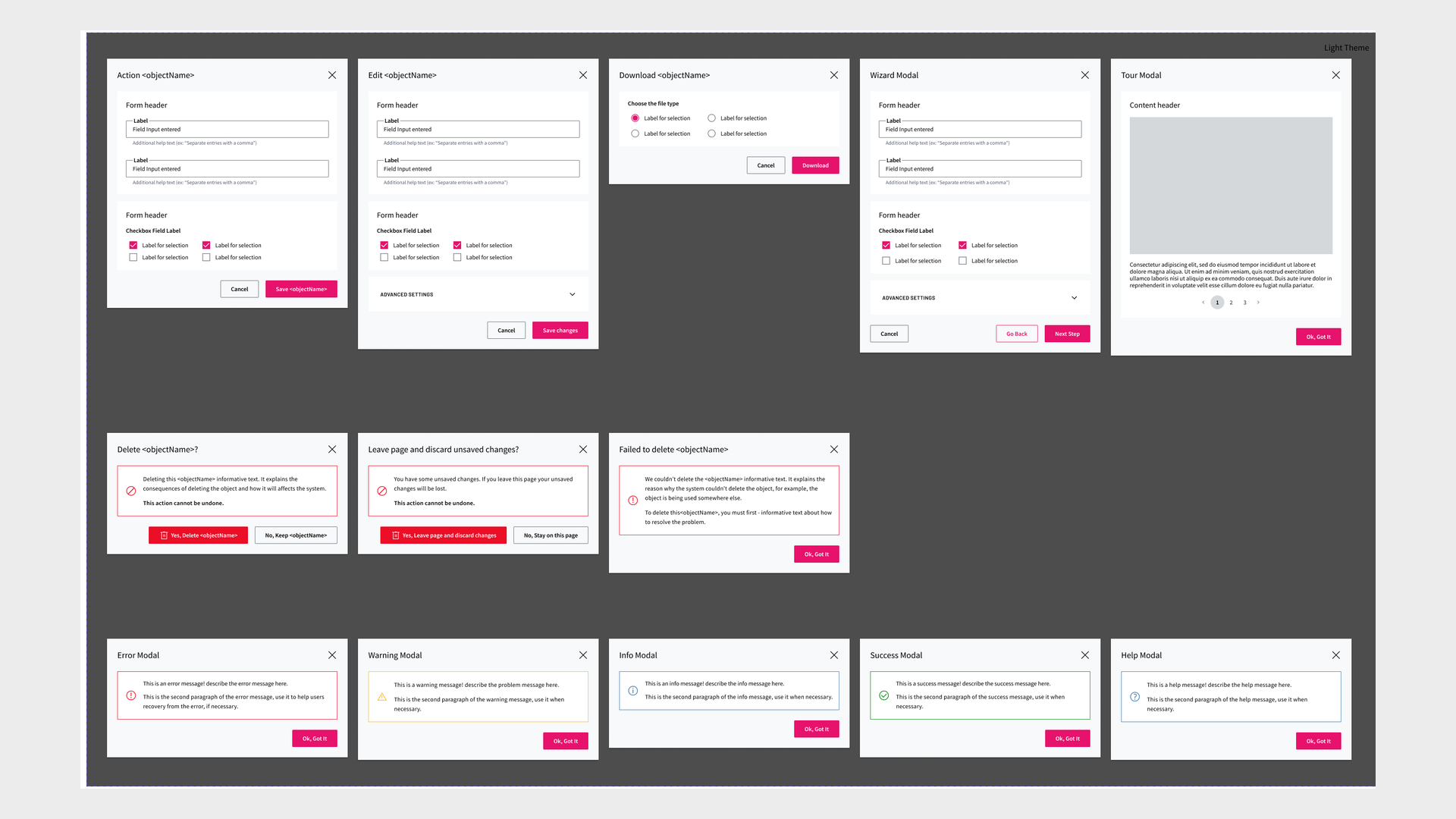 Modal types: action, edit, download, wizard and tour modals; delete, discard and failed-delete confirmations; and error, warning, info, success and help modals