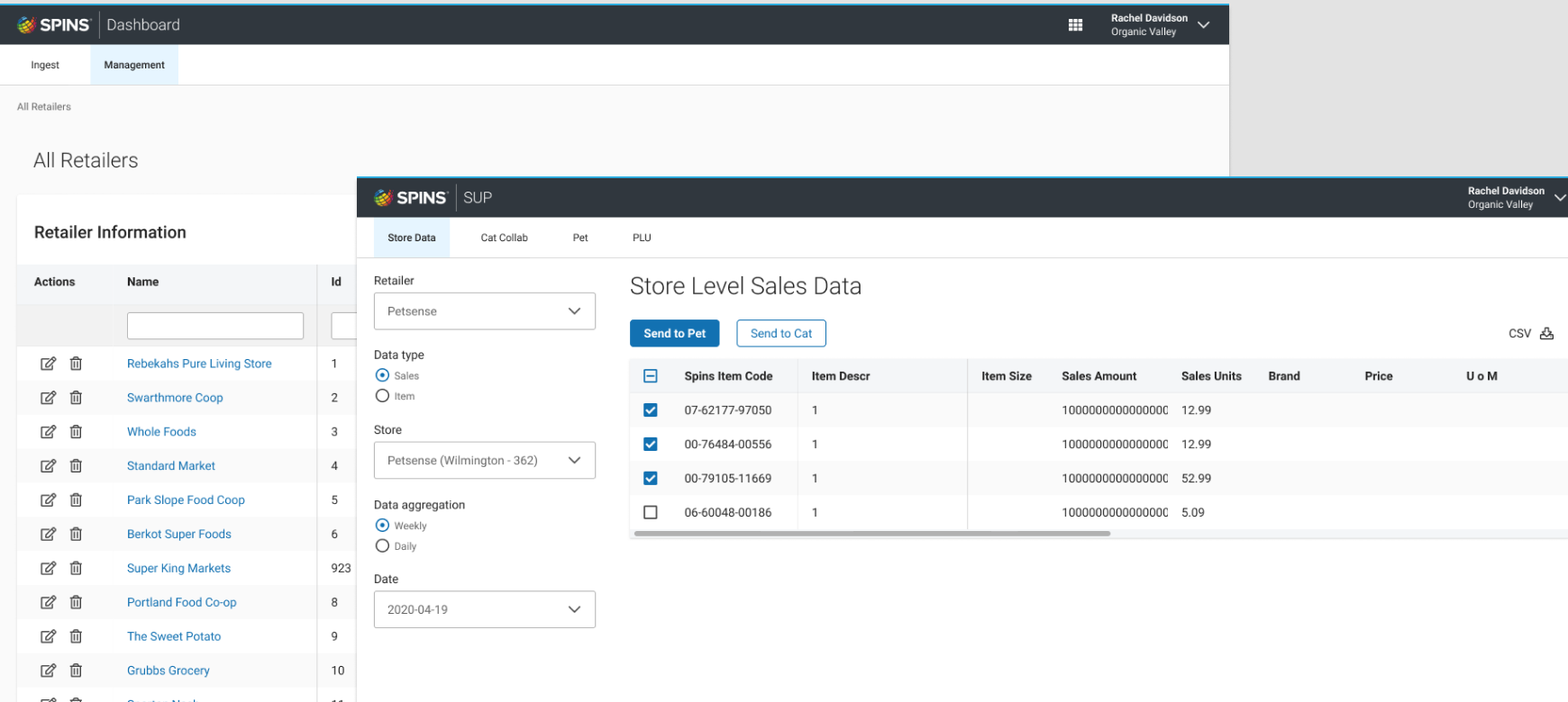 The original SPINS dashboard retailer list with the store-level sales data screen layered over it