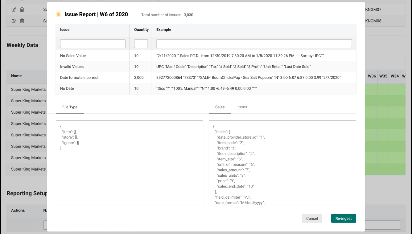 Issue report for week 6 of 2020 listing 3,030 issues by type with examples, the sales config, and a re-ingest button